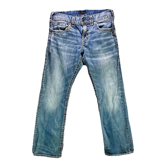 Silver Jeans Mens 30x30 Blue Zac Relaxed Straight Leg Denim Whiskers Faded - Picture 1 of 11